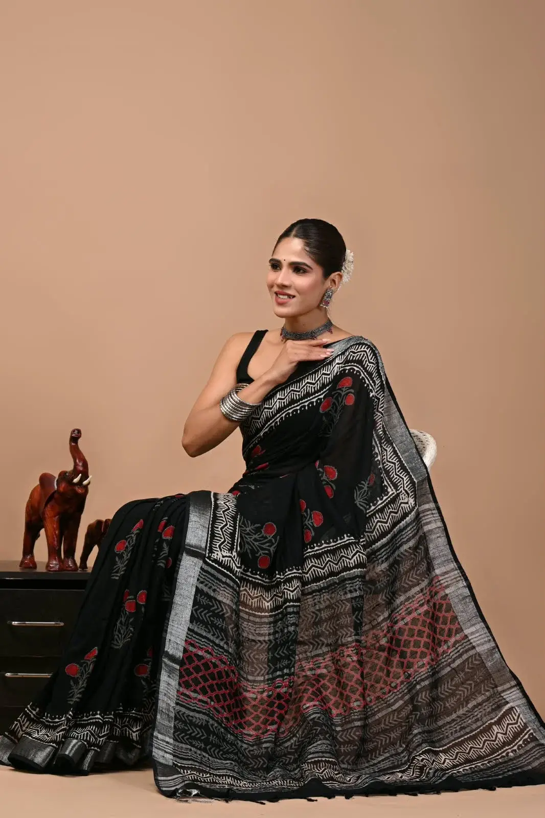 Jet Black  Bagru Hand Block Printend Soft Linen Fabric Saree
